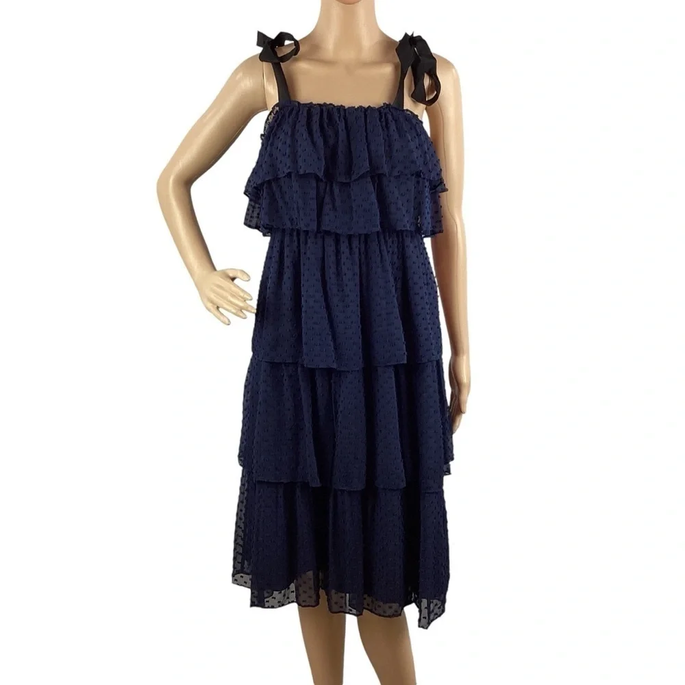 J.Crew Tiered Swiss Dot Tie Shoulder Dress Size 0 Blue